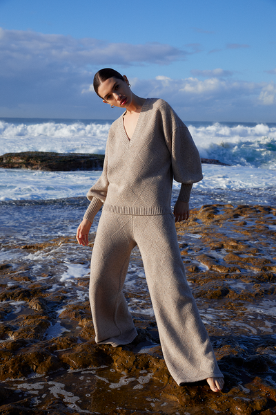ELIZABETH WOOL QUILT KNIT PANT | OATMEAL DOT MARLE
