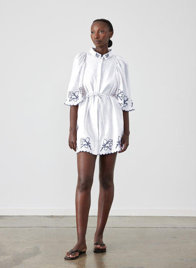 Hattie Linen Ramie Embroidery Mini Smock Shirt Dress Optical White N Joslin