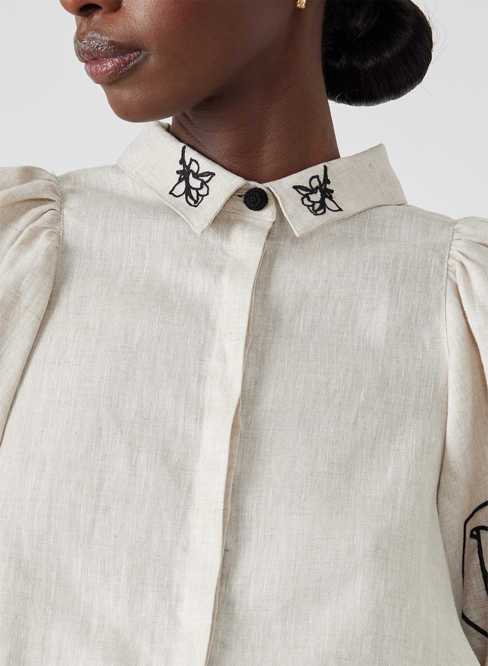 Lola Linen Embroidery Shirt | Flax Black
