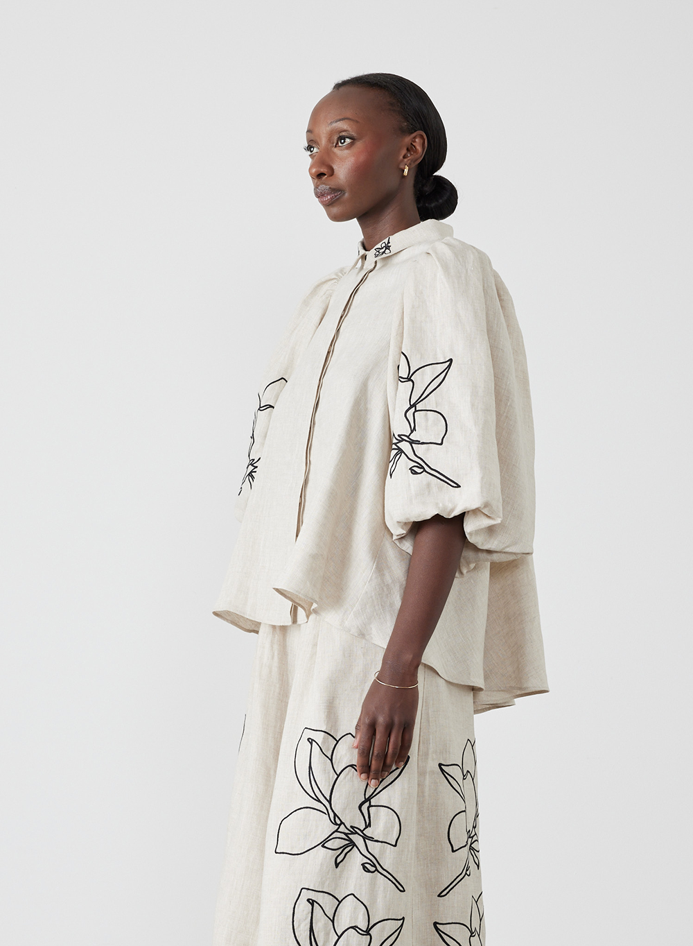 Lola Linen Embroidery Shirt | Flax Black