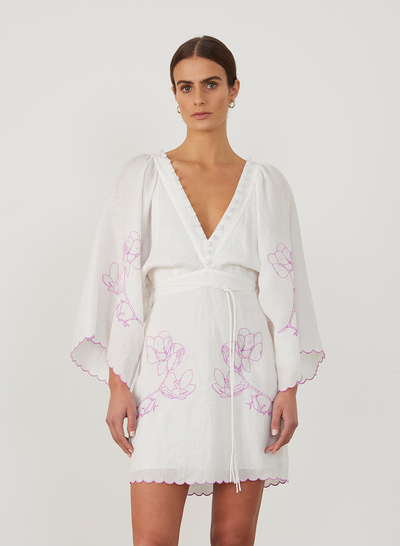 Isodora Silk Linen Embroidery Mini Dress