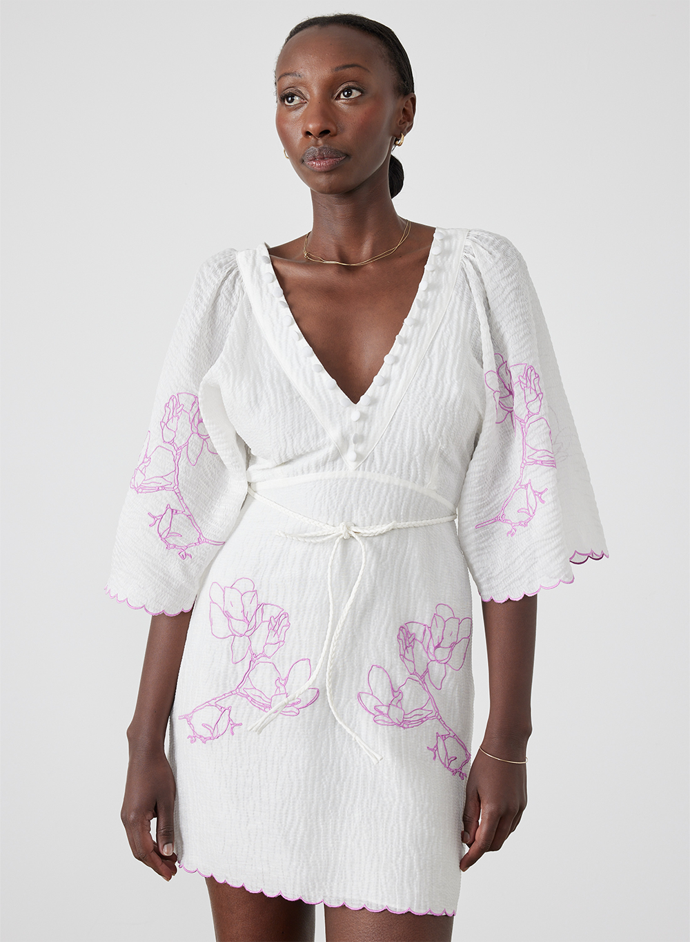 Isodora Silk Linen Embroidery Mini Dress