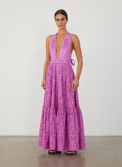 Helena Organic Cotton Broderie Maxi Dress | Aster Purple