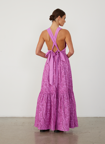 Helena Organic Cotton Broderie Maxi Dress | Aster Purple