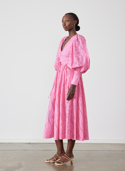 Saskia Organic Cotton Broderie Mdi Dress | Dahlia Pink