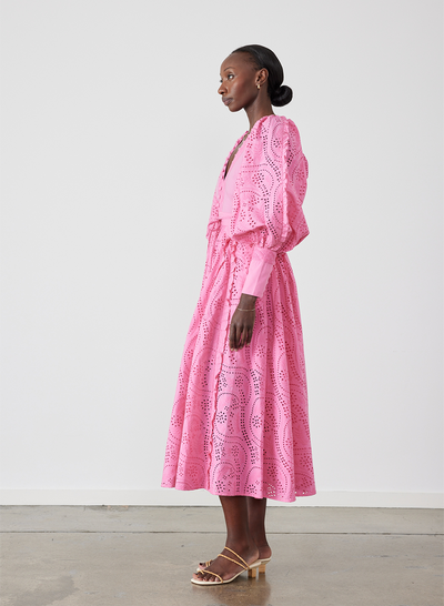 Saskia Organic Cotton Broderie Mdi Dress | Dahlia Pink