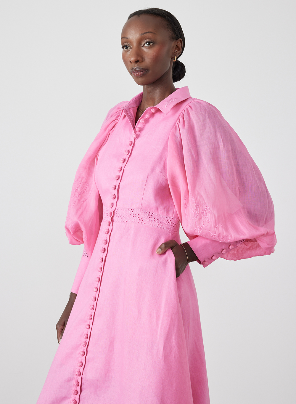 Martina Linen Embroidery Midi Shirt Dress | Dahlia