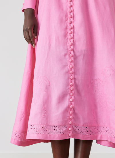 Martina Linen Embroidery Midi Shirt Dress | Dahlia