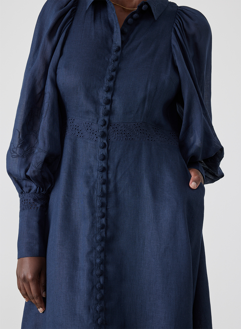 Martina Linen Embroidery Midi Shirt Dress | Navy