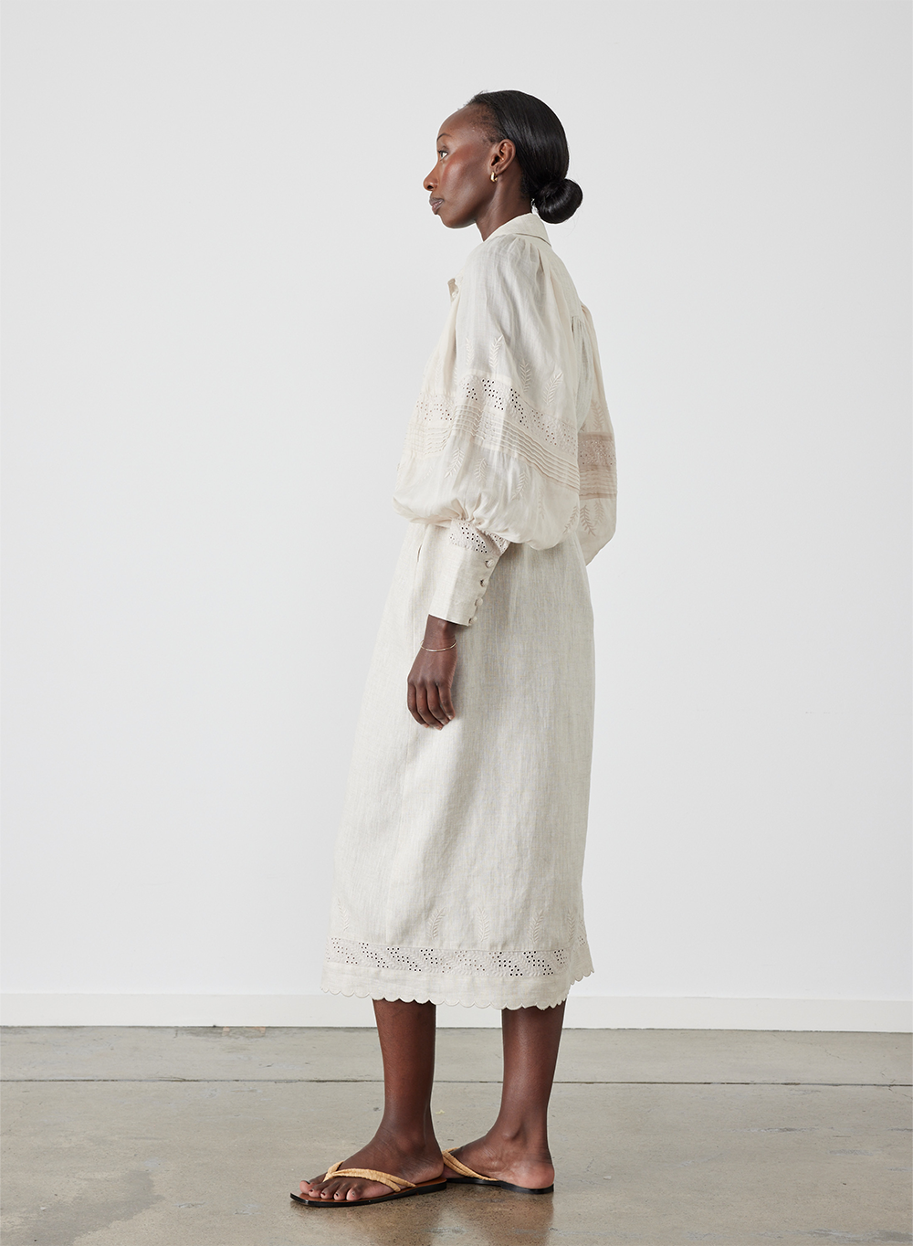 Florence Linen Ramie Embroidery Midi Shirt Dress
