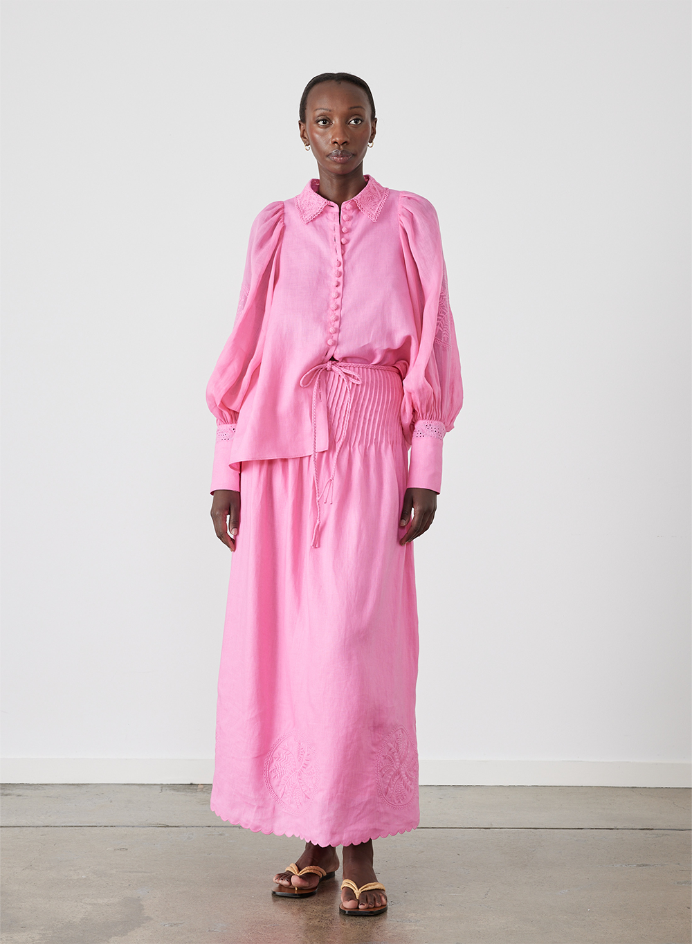 Vanessa Linen Maxi Embroidery Skirt | Dahlia Pink