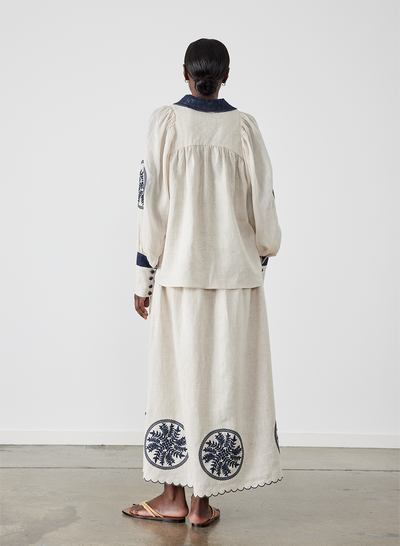 Vanessa Linen Maxi Embroidery Skirt | Flax Navy