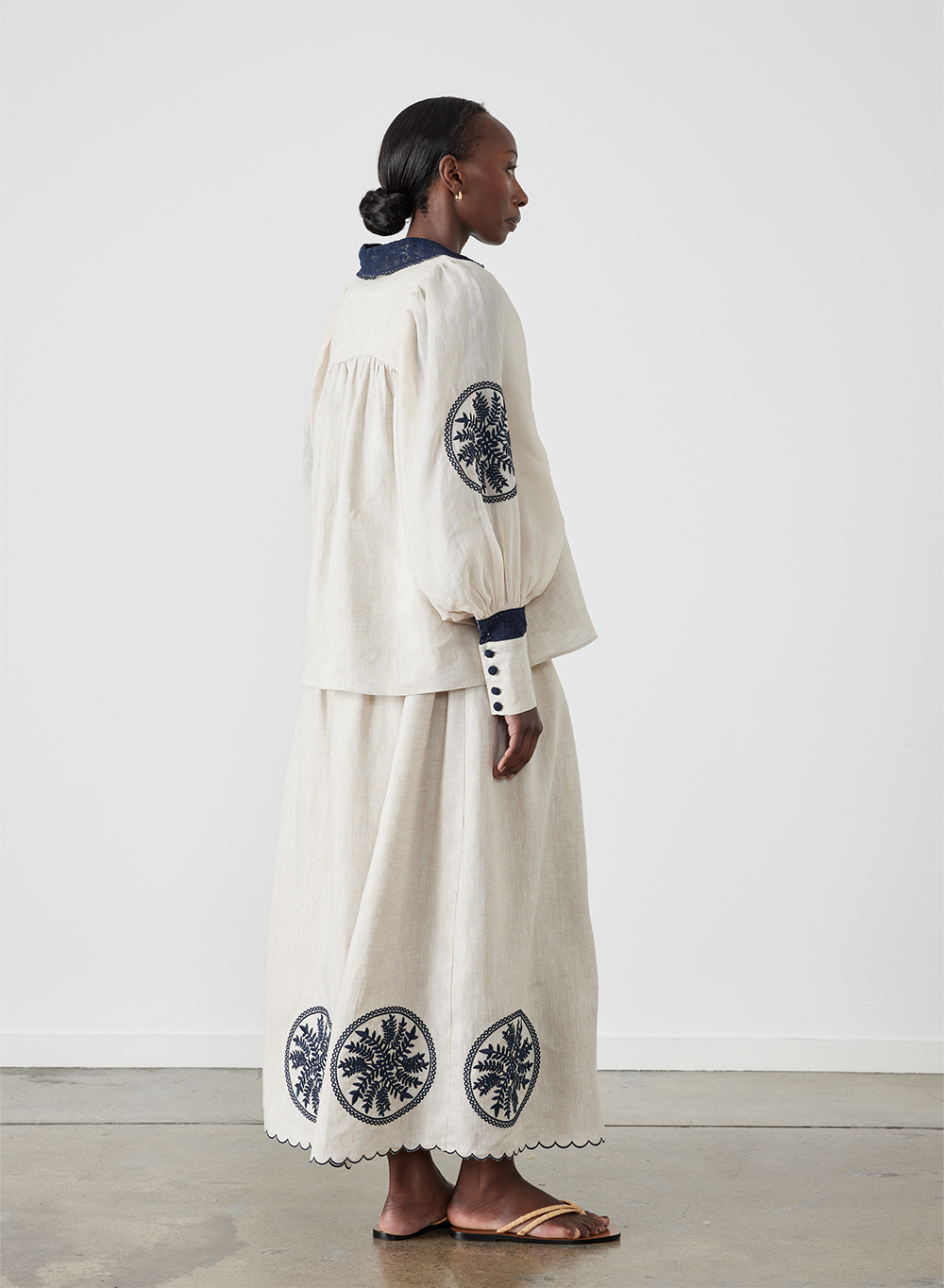 Vanessa Linen Maxi Embroidery Skirt | Flax Navy