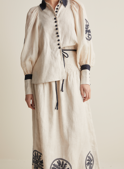 Vanessa Linen Maxi Embroidery Skirt | Flax Navy