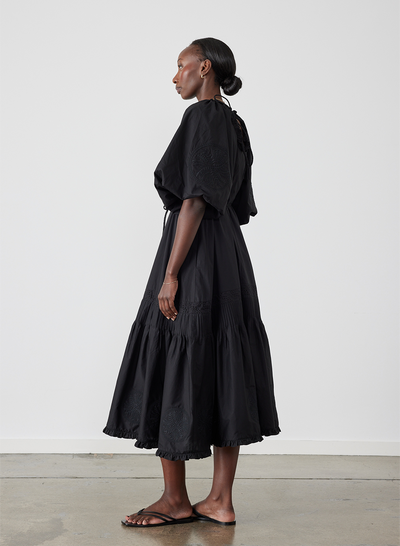 Lilah Organic Cotton Embroidery Midi Smock Dress | Black