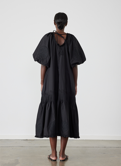 Lilah Organic Cotton Embroidery Midi Smock Dress | Black