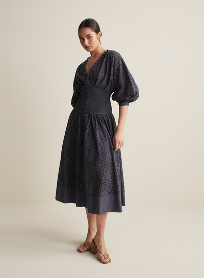 Regina Cotton Broderie Midi Dress | Navy