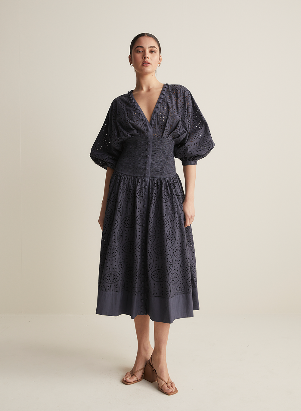 Regina Cotton Broderie Midi Dress | Navy