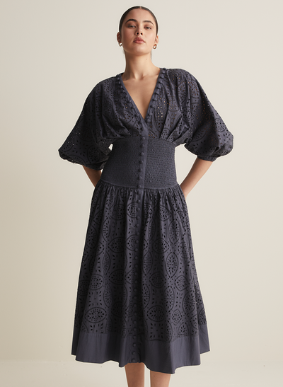 Regina Cotton Broderie Midi Dress | Navy