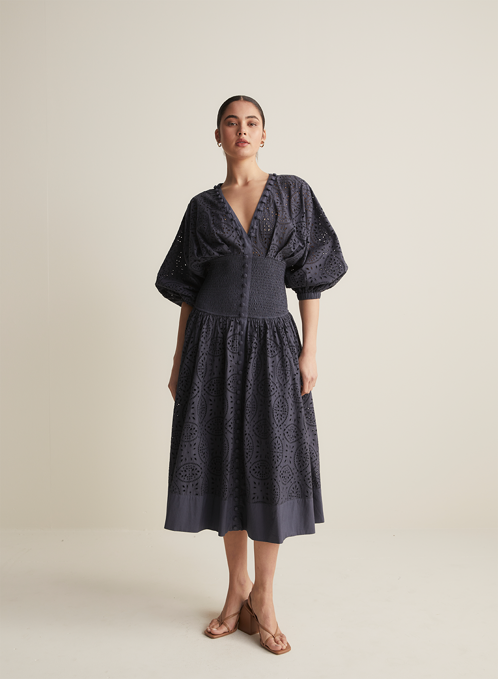 Regina Cotton Broderie Midi Dress | Navy