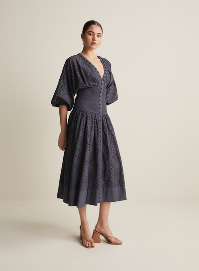 Regina Cotton Broderie Midi Dress | Navy