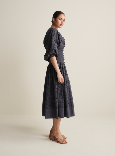 Regina Cotton Broderie Midi Dress | Navy