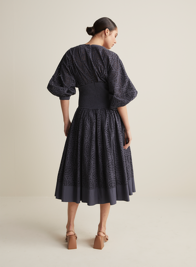 Regina Cotton Broderie Midi Dress | Navy