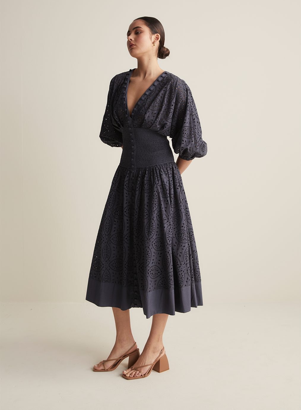 Regina Cotton Broderie Midi Dress | Navy