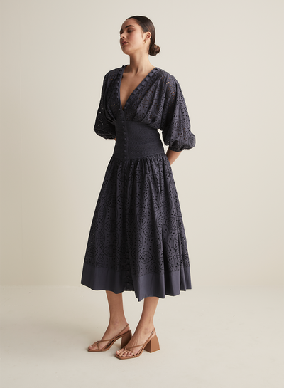 Regina Cotton Broderie Midi Dress | Navy