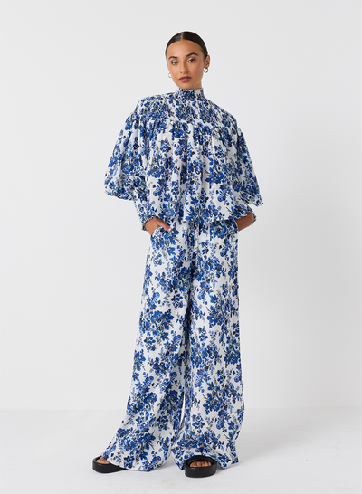 Sophia Silk Cotton Palazzo Pant | Vintage Rose Print
