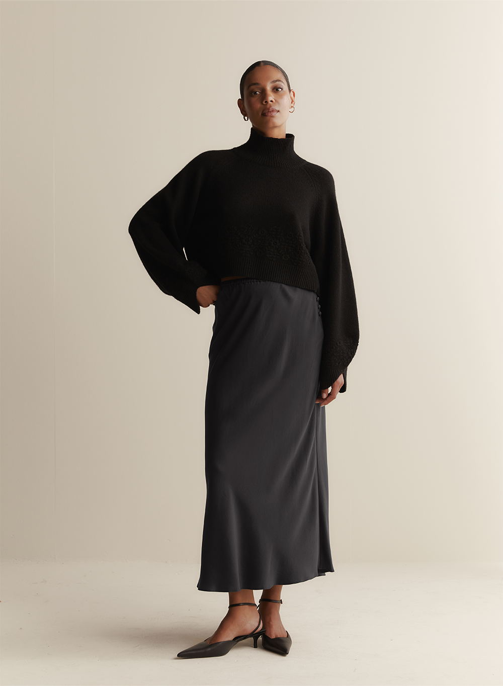 Cecilia Silk Bias Midi Skirt | Sandwash Black