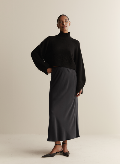 Cecilia Silk Bias Midi Skirt | Sandwash Black