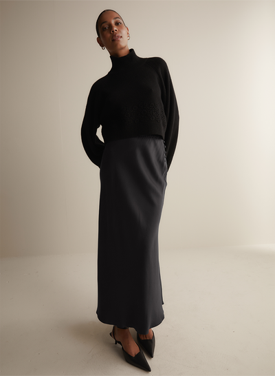 Cecilia Silk Bias Midi Skirt | Sandwash Black