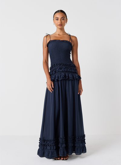 Anastacia Silk Cotton Maxi Dress | Navy