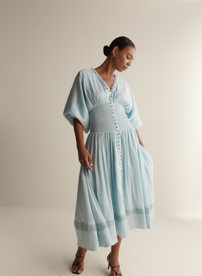 Elena Silk Linen Embroidery Midi Dress