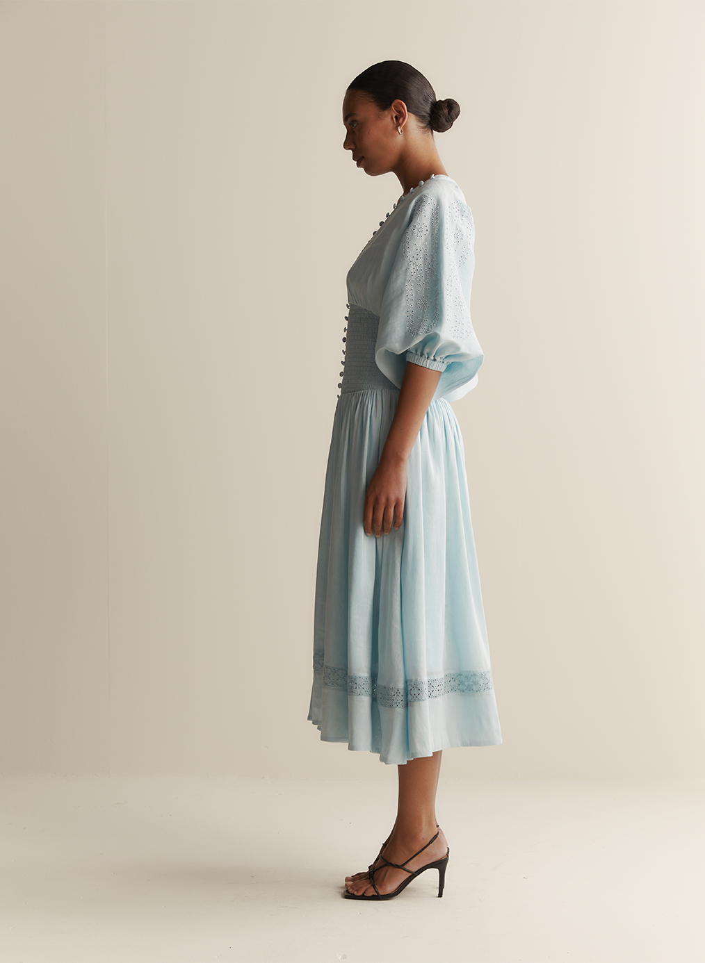 Elena Silk Linen Embroidery Midi Dress