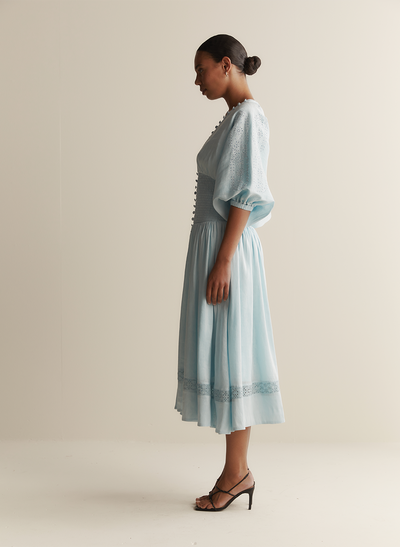 Elena Silk Linen Embroidery Midi Dress