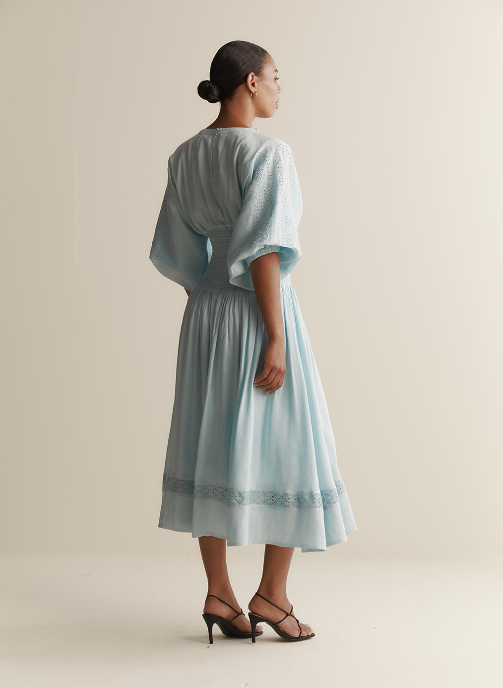 Elena Silk Linen Embroidery Midi Dress