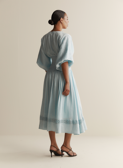 Elena Silk Linen Embroidery Midi Dress