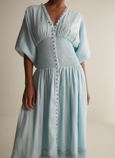 Elena Silk Linen Embroidery Midi Dress