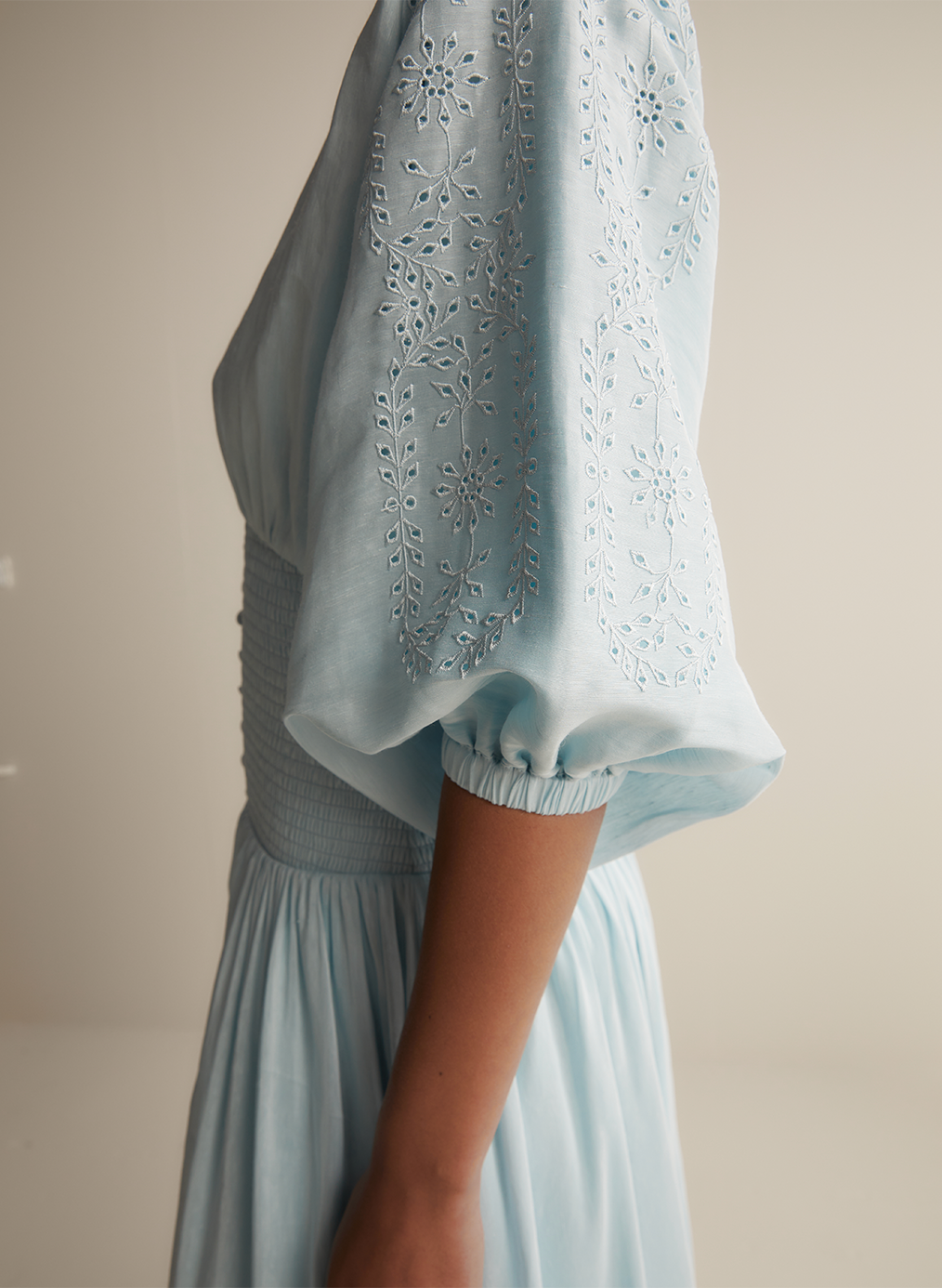 Elena Silk Linen Embroidery Midi Dress