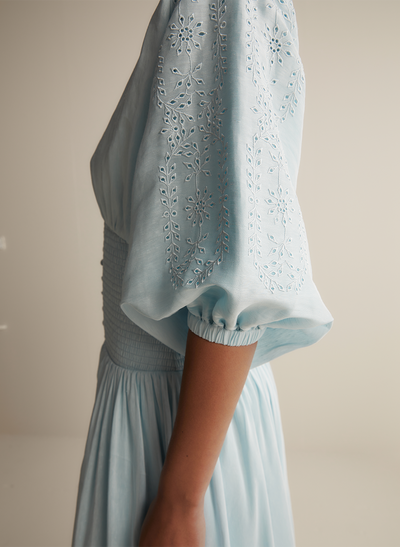 Elena Silk Linen Embroidery Midi Dress