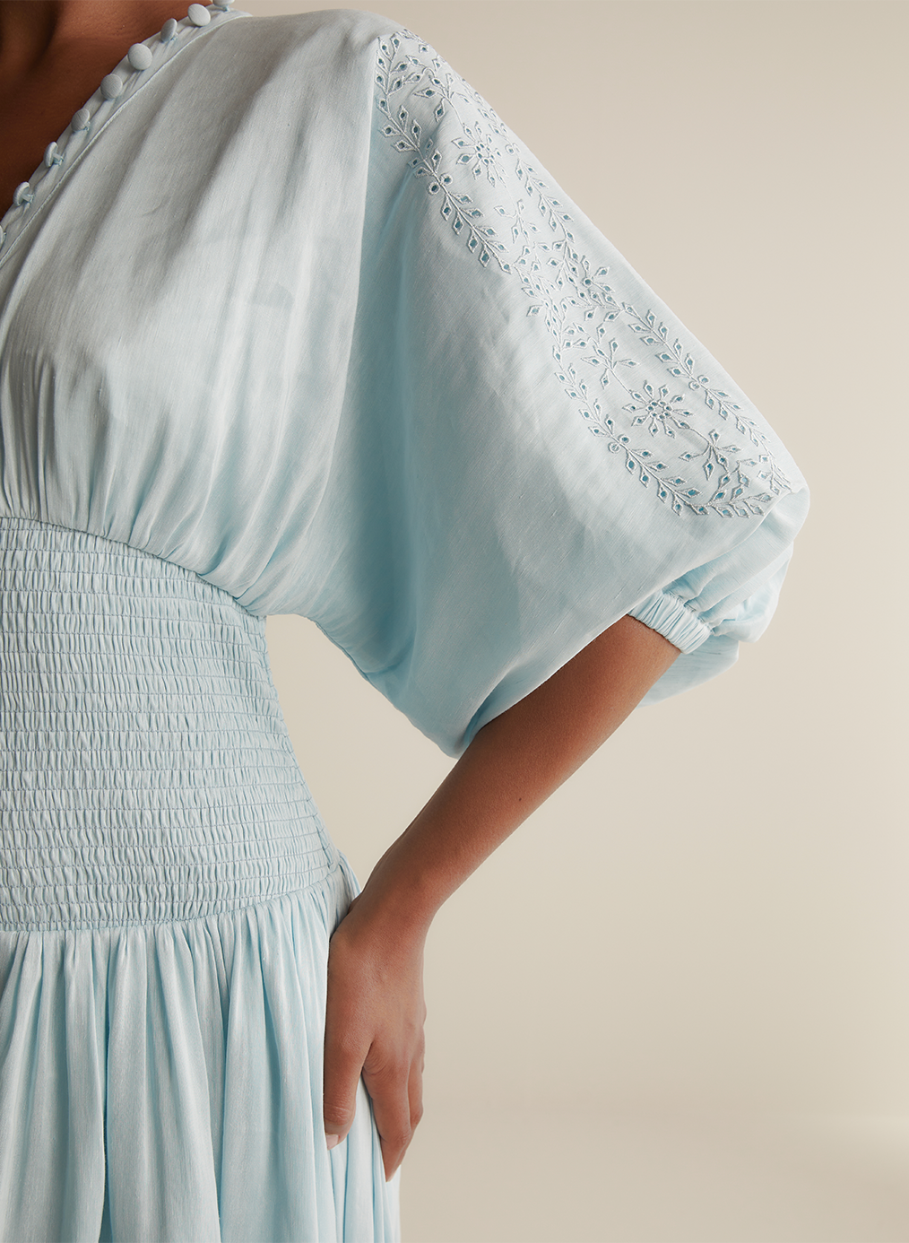 Elena Silk Linen Embroidery Midi Dress
