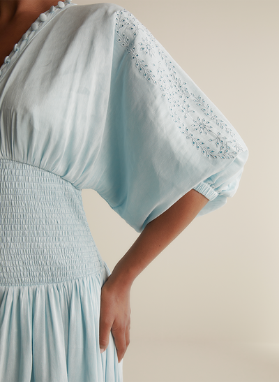 Elena Silk Linen Embroidery Midi Dress