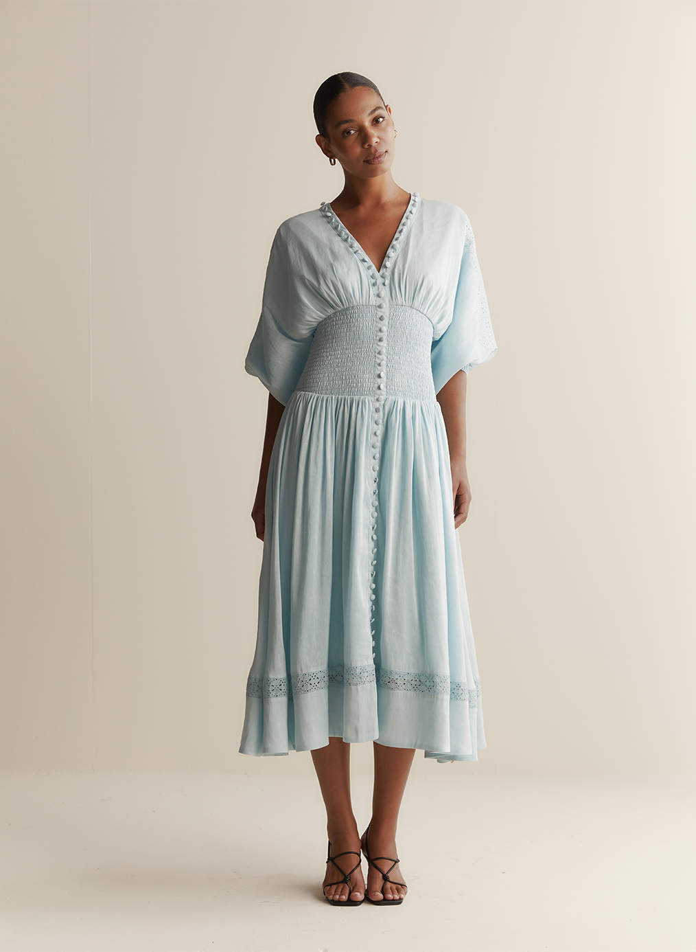 Elena Silk Linen Embroidery Midi Dress