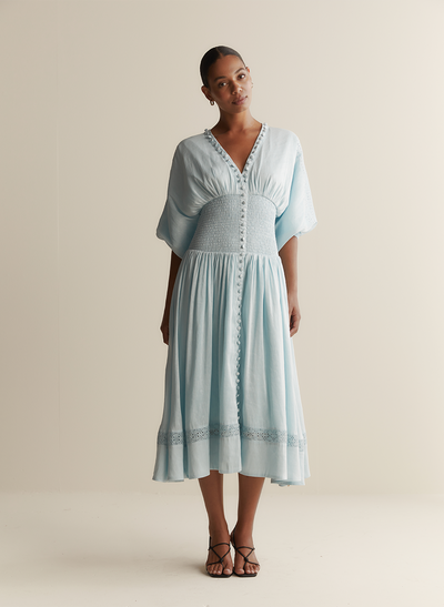 Elena Silk Linen Embroidery Midi Dress