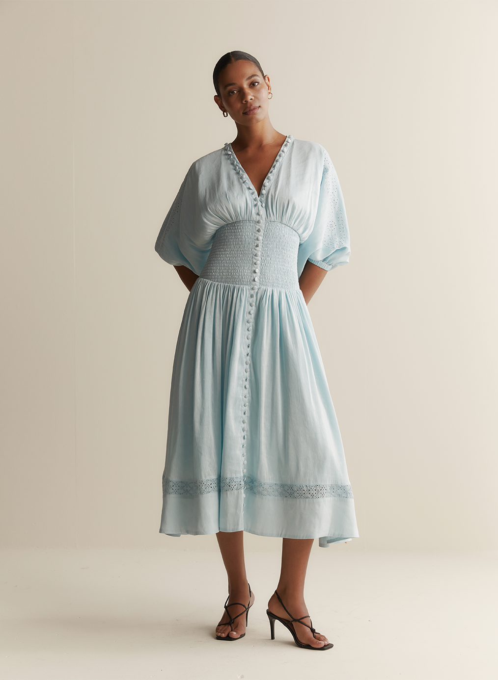 Elena Silk Linen Embroidery Midi Dress