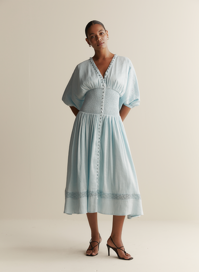 Elena Silk Linen Embroidery Midi Dress