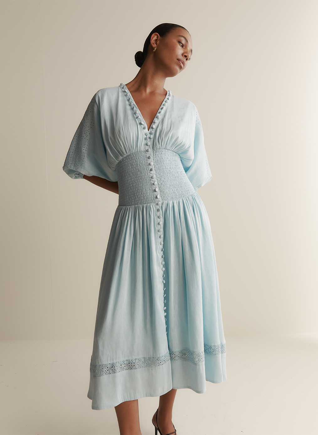 Elena Silk Linen Embroidery Midi Dress