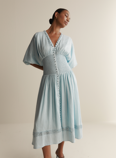 Elena Silk Linen Embroidery Midi Dress